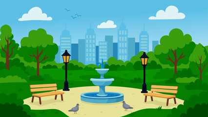Summer park in the city with green trees, bench, fontain and lantern. Cartoon vector illustration © Antonina