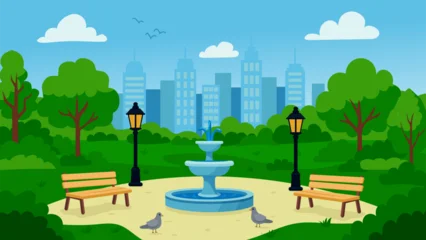 Fotobehang Groen Summer park in the city with green trees, bench, fontain and lantern. Cartoon vector illustration  © Antonina