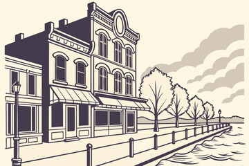 Old Town Green Bay in Wisconsin, preserved Victorian storefronts with views of Fox River