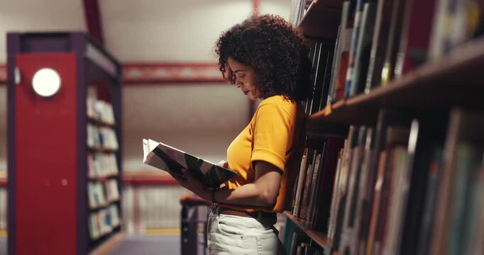 Woman, student and reading with book in library for choice, knowledge or literature in bookstore. Female person, academic or learning with information, insight or novel for study, story or education