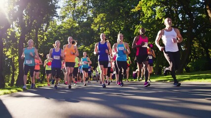 A dynamic low-angle video shot of a diverse group of runners in a park, capturing the energy and motion of a sunny marathon event.