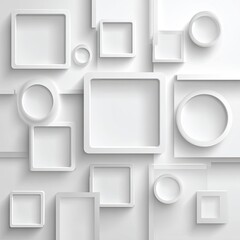 Abstract white geometric shapes, layered squares and circles