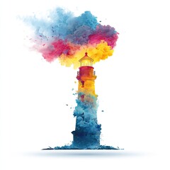 Colorful lighthouse emerging from vibrant abstract smoke clouds
