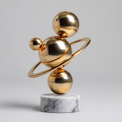 Polished gold spheres & ring balanced on marble base