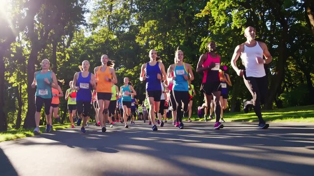 A dynamic low-angle video shot of a diverse group of runners in a park, capturing the energy and motion of a sunny marathon event.