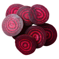 Png of a group of fresh beetroot slices isolated on transparent background, showcasing vibrant red and white concentric rings