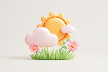 Pastel sun, clouds, and flowers on grass