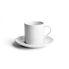 White mug on saucer, centered, stark shadow on white