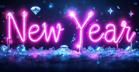 Bright neon text spells New Year over sparkling blue crystals. Dark background enhances vibrant illumination, festive mood.