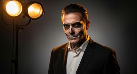 Fototapeta premium Man in suit with skeleton face paint under bright studio lighting setup