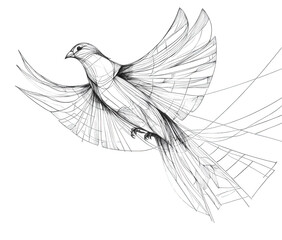 A captivating line drawing of a bird in flight, showcasing intricate details and dynamic movement, isolated on transparent background a stunning piece of art