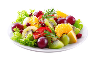 A plate of fruit salad with a variety of fruits including kiwi, oranges, and grapes, png