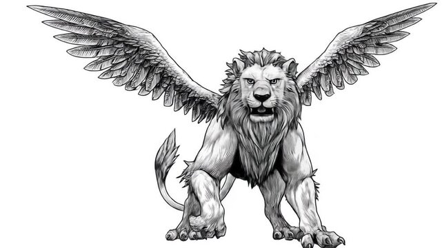Mythical creature with feathered wings in detailed grayscale illustration