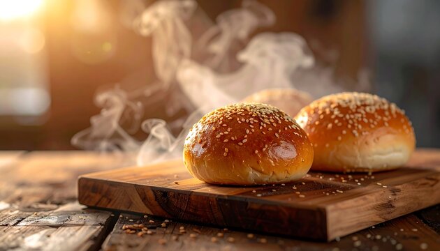 Fresh baked buns on wooden board