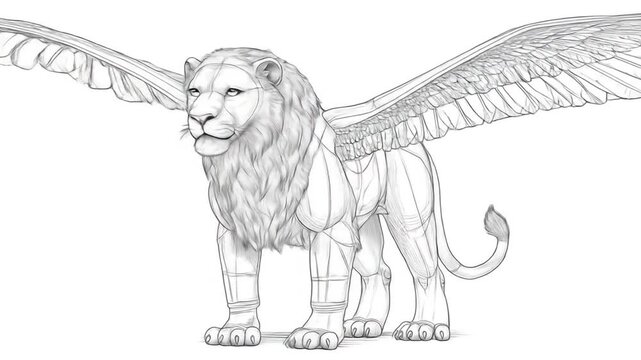 Detailed line art of a winged lion posing against white backdrop