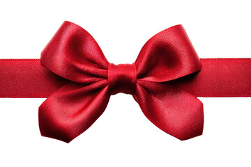 A red ribbon bow is shown on a white background. The bow is made of satin and is tied in a bow shape. The ribbon is red and shiny, and it looks like it is being used to decorate something, png