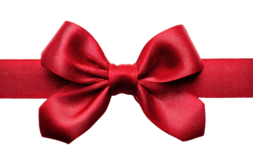 A red ribbon bow is shown on a white background. The bow is made of satin and is tied in a bow shape. The ribbon is red and shiny, and it looks like it is being used to decorate something, png