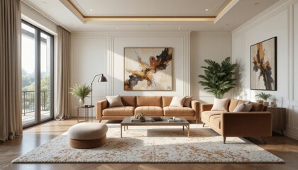 Elegant living room with modern decor and cozy comfortable sofas