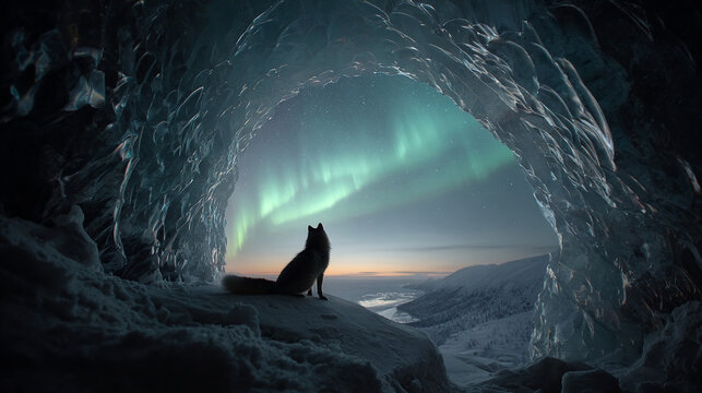 Aurora Borealis Over Ice Cave With Fox Silhouette In Arctic Landscape At Dusk