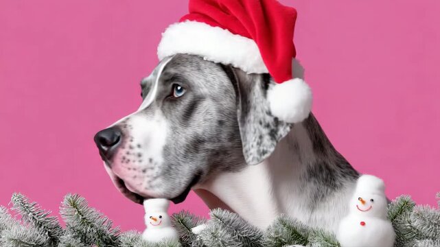 Curious great dane in santa hat exploring christmas decor cheerfully