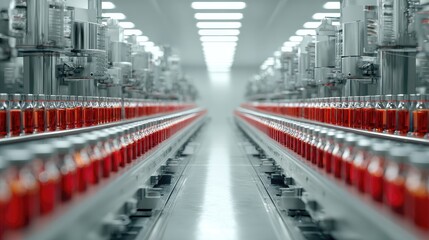 A photorealistic and high-resolution image showing a sterile, fully automated production line in a factory. Rows of vials containing a brightly colored red liquid are moving along a conveyor belt whil