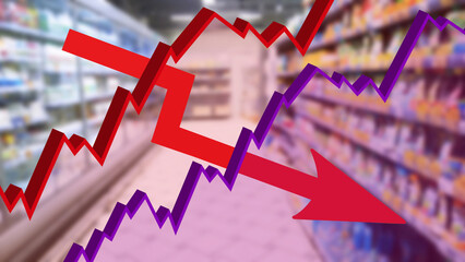 Red arrow sign down on abstract blur image of supermarket background. Bar charts. 3d graphs. Rising food prices. Inflation concept. Retail industry. Finance. Economy. Stock Market. Shop. Sales decline
