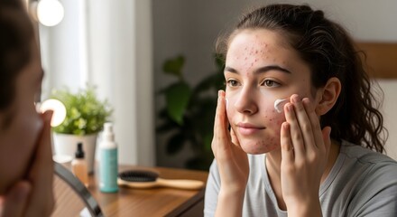 Young woman applying cream to her face while looking in a mirror in a well lit bathroom space