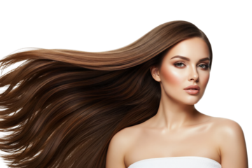 Beautiful woman with long healthy brown hair blowing in the wind