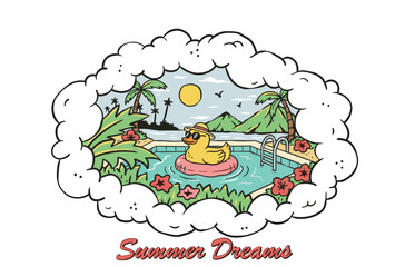 Summer Dreams Rubber Duck in a Pool Illustration. Retro Cartoon of a Tropical Vacation Paradise.
