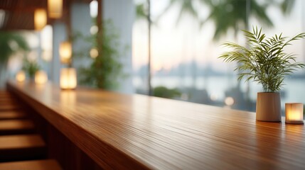 Wooden bar counter with potted plant and soft lighting creates a serene atmosphere, showcasing a tranquil setting for relaxation and social gatherings with copy space