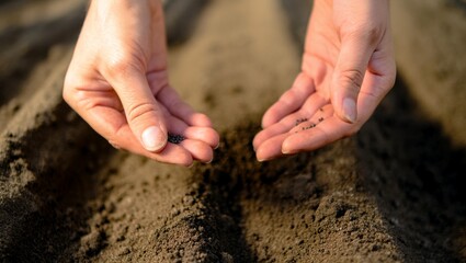Hands sowing seeds into fertile soil, a symbol of growth and new beginnings in gardening and agriculture
