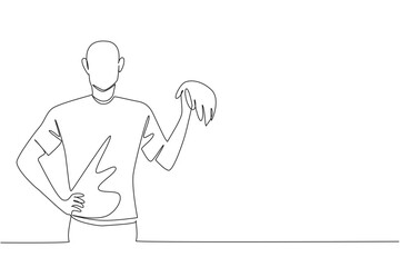 Single continuous line drawing a bald man holding a wig. Covering baldness. Involved in the fashion industry. New style with thick hair. National Wig Out Day. One line design vector illustration