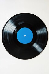 Obraz premium Black vinyl record with blue label isolated on white background symbolizing retro music sound classic and style