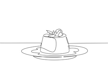 Single continuous line drawing vanilla pudding topped with raspberries and caramel sauce on a plate. Delicious combination of flavors. National Vanilla Pudding Day. One line design vector illustration