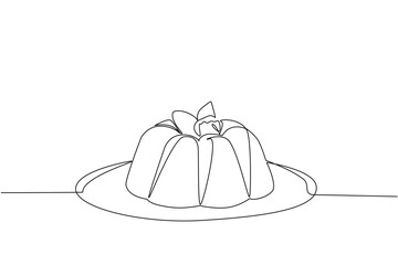 Single one line drawing vanilla pudding with raspberries topping on a plate. Complementary snacks after lunch. Delicious. National Vanilla Pudding Day. Continuous line design graphic illustration