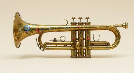 Fototapeta premium Ornate Floral-Painted Brass Trumpet on Cream Background, Detailed Musical Instrument Still Life