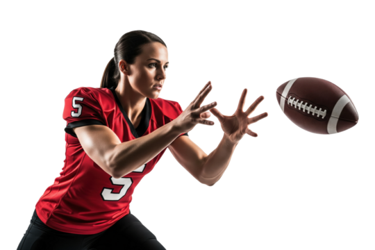 Female American football player catching a ball