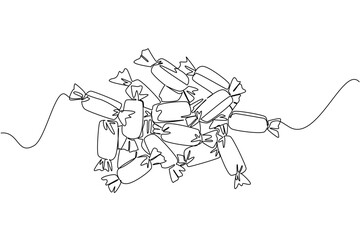 Continuous one line drawing pile of colorful candy. Bring plenty of stock to snack on while studying. Enjoy sweet and soft taste in one. National Taffy Day. Single line draw design vector illustration