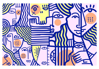 Abstract doodle outline face portrait wall art Cubism  vector illustration. Line art design for poster print, card, art print, cover, decoration.