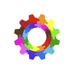 Colorful gear puzzle frame. Vector isolated on white background.	