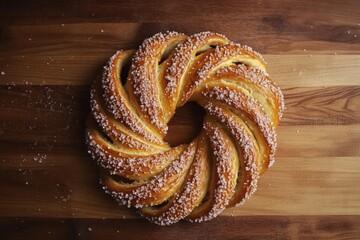 Braided danish pastry with sugar crystals on wooden board