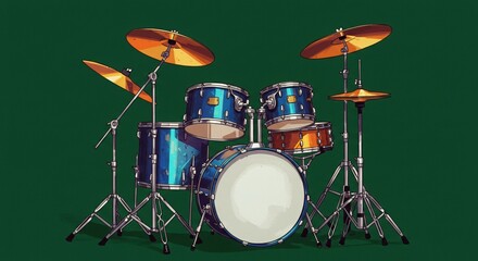 Stylized Drum Kit Illustration: Blue and Orange Drums on Green Background