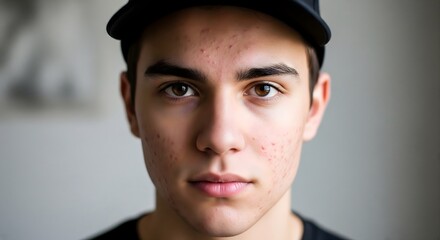 Portrait of a young man wearing a black cap looking directly at the camera with a neutral expression