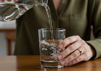 Close up of a person pouring fresh clear water from a pitcher into a glass to stay hydrated.
