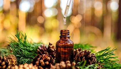 Amber glass bottle dropper pipette dropping a drop of Pine needle essential oil, the bottle surrounded by leaves and pine cones Pinus sylvestris