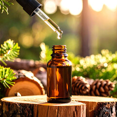 Pine needle oil essential, Scots Pine Tree Trunk leaves Pinus Sylvestrisnative Australia, amber glass bottle pipette, drop essence, Pine Cones