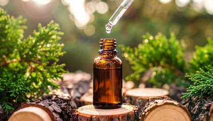 Pine needle oil essential, Scots Pine Tree Trunk leaves Pinus Sylvestrisnative Australia, amber glass bottle pipette, drop essence