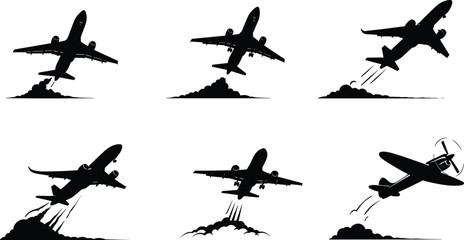 Black and white airplane takeoff vector silhouettes with commercial jets, propeller aircraft, smoke trails, motion lines, aviation transport, and flight dynamics