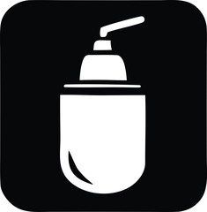 Simple white soap dispenser icon with rounded corners on black square represents hygiene and cleanliness