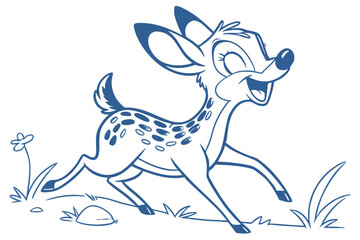 Animated Fawn Running with Joy Art in Blue Outline and White Background